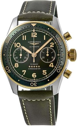 Longines Spirit Flyback Automatic Chronograph Green Dial 18K Yellow Gold Bezel Leather Strap Mens Watch L3.821.5.53.2