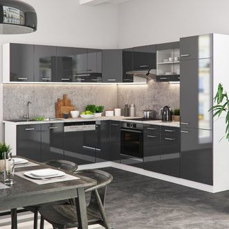 Vicco Cocina Esquinera R-line, Antracita Brillo Intenso/blanco, 227 X 287 Cm, Et M&aacute;rmol