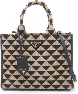 Prada Beige Black Canvas Leather Handbag Tote Bag (Pre-Owned)