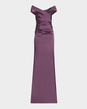 Teri Jon Pleated Off-Shoulder Satin Column Gown