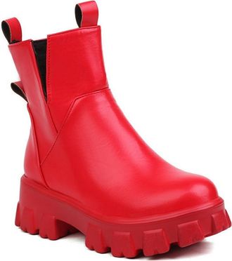 Generic Womens Fashion V-Cut Chelsea Ankle Boots Round Toe Side Zipper Platform Mid Heel Western Winter Dress Shoes (5.5,Red)