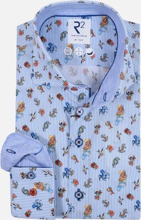 R2 Mens R2 Long Sleeved Cut Away Collar Ocean Print Shirt Light Blue - Size: 46/48