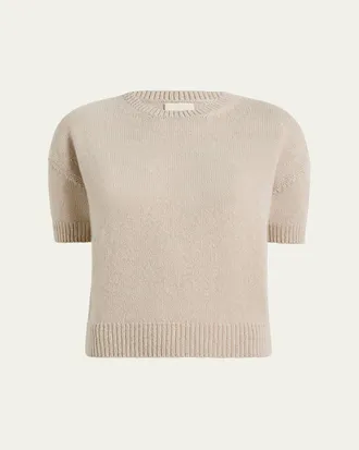 Khaite Shimmering Cashmere Short-Sleeve Crewneck Sweater