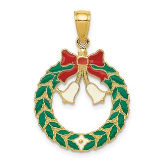 Diamond2Deal 14k Yellow Gold Enameled Christmas Wreath Pendant
