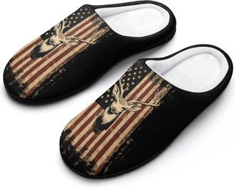 Generic Vintage US Flag Deer Hunting Womens Slippers Warm House Slippers Indoor House Shoes with Anti-Skid Rubber Sole