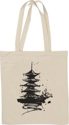Generic Japan Pagoda Black Ink Graphic Natural Cotton Tote Bag White