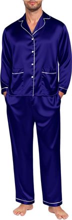 Generic Christmas Matching Family Pyjamas Long Sleeve Silk Satin Pjs Set Loose Fit Cosy Xmas Sleepwear Button Down Shirt and Pajamas Trousers Dark Blue