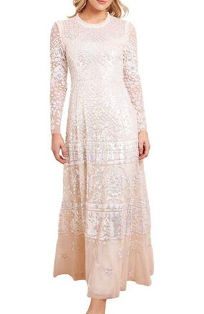 Needle & Thread Aurora Long Sleeve Round Neck Gown in Cream at Nordstrom, Size 16