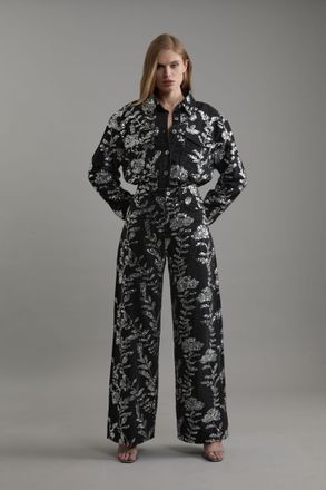 Karen Millen Womens Denim All Over Floral Sequin Wide Leg Trousers - Black Cotton - Size 12 UK
