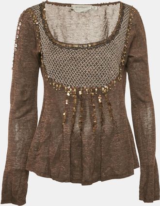 Sportmax Brown Embellished Lurex Knit Long Sleeve Top