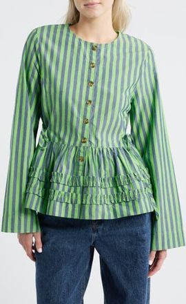 Damson Madder Madison Stripe Organic Cotton Peplum Button-Up Top in Green at Nordstrom Rack, Size 16 Us / 20 Uk
