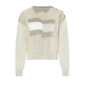 Tommy Hilfiger Klassieke Beige Katoenen Trui met Vlag - Dames - Ronde hals truien - Beige - XS - Katoen - Truien & Vesten
