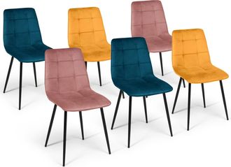 IDMarket Set Di 6 Sedie Mila In Velluto Misto Colore Blu X2, Giallo Ocra X2, Rosa X2