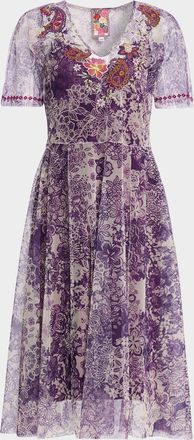 Johnny Was Wendi Embroidered Floral-Print Mesh Dress