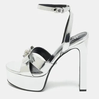 Versace Silver Foil Leather Ankle Strap Platform Sandals
