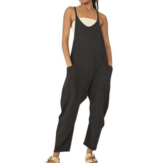 Generic Womens Casual Sleeveless Jumpsuits V Neck Spaghetti Strap Overalls Long Pants Romper with Two Pockets Womens Plus Size Casual Pants Set (Black, XS)