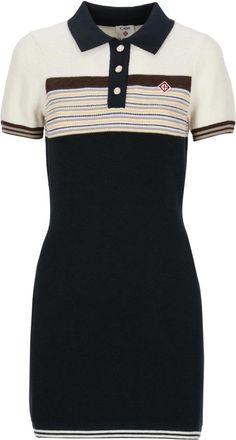 Casablanca Caf&eacute; Culture Wol Streep Polo Mini Jurk - Dames - Kleedjes - Blauw - S - Wol - Kleedjes