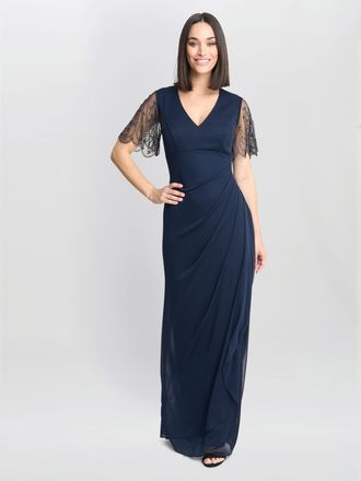 Gina Bacconi Womens JOSEPHINE V Neck Maxi Dress With Embellished Sleeve - Navy - Size 22 UK