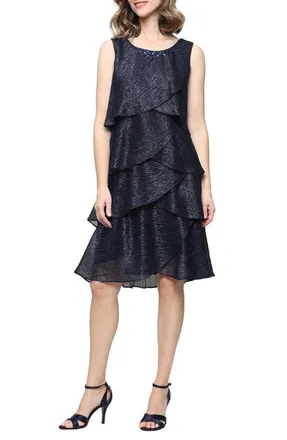S.L. Fashions Metallic Tiered Sleeveless Dress with Jacket in Navy at Nordstrom, Size 16
