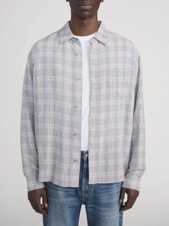 Frame Denim Linen Blend Plaid Shirt In Cream/blue