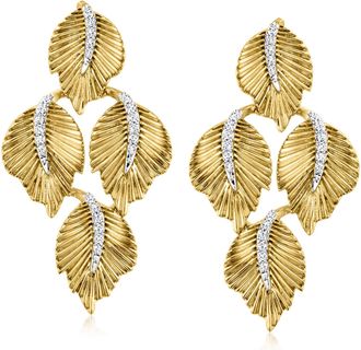 Ross-Simons Diamond Leaf Drop Earrings in 18kt Gold Over Sterling