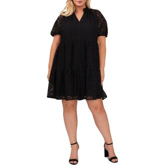 CeCe by Cynthia Steffe Lace Tiered Babydoll Dress in Black at Nordstrom, Size 1X