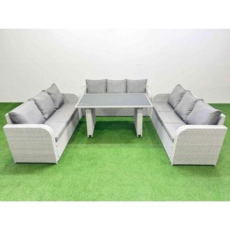 Fimous Fimous - Patio Garden Furniture Sets with Black Glass Top Dining Table 3 Seater Sofa Light Grey