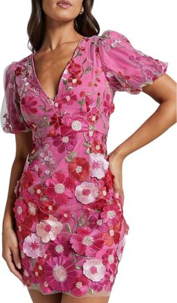 Generic Womens 3D Vneck Puff Sleeve Floral Embroidery Dress, 2025 Summer Bodycon Party Cocktail Mini Dress Homecoming Dresses (Rose Red,M)