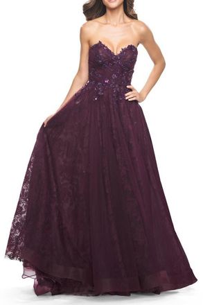 La Femme A-Line Gown with Lace Lining and Beaded Embellishments in Dark Berry at Nordstrom, Size 6