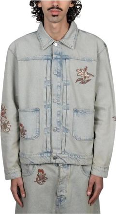 Dr&ocirc;le de Monsieur Geborduurde Bloemige Denim Jas - Heren - Spijkerjassen - Blauw - L - Denim - Jassen