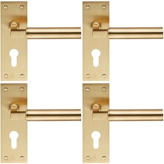 Loops 4x PAIR Round Bar Handle on Slim Euro Lock Backplate 150 x 50mm Satin Brass in Metallics