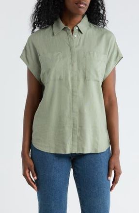 Caslon Double Pocket Linen Blend Camp Shirt in Green Hedge at Nordstrom Rack, Size X-Small