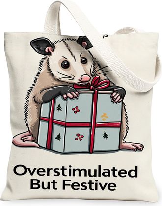 Generic Festive Possum Canvas Tote Bags, Cute Animal Gift Design Reusable Grocery Bags, Winter Fun Lightweight Washable Shoulder St, Beige, 13x15 Inch