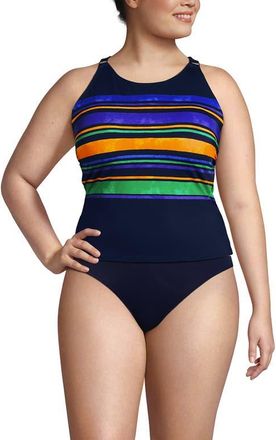 Lands End Plus Size Tugless High Neck Strappy Back Tankini Swimsuit Top in Deep Sea Painted Stripes at Nordstrom, Size 24W