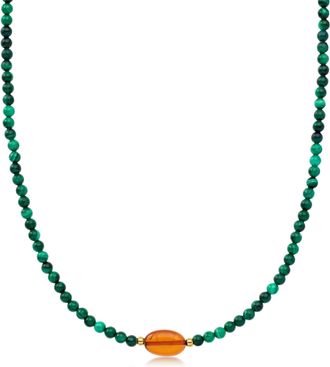 Ross-Simons Amber and Malachite Bead Necklace With 18kt Gold Over Sterling