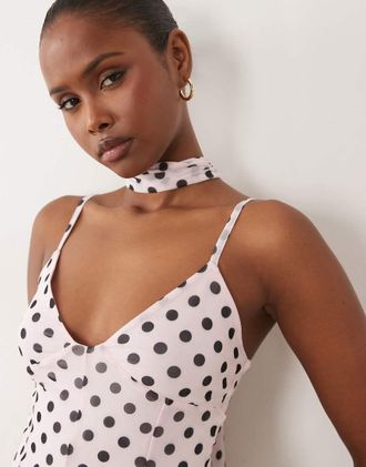 Asos Vestito corto godet rosa e marrone a pois con sciarpa-Multi