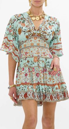 Camilla Tiered Skirt Mini Dress In Weaving Worlds