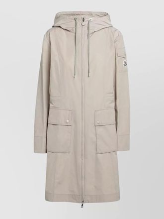 Moncler long hooded coat adjustable waist pockets