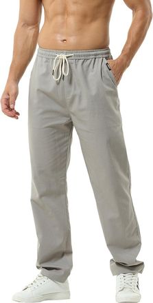 Hoerev Men Casual Beach Trousers Linen Trousers Pants, Grey, XXL