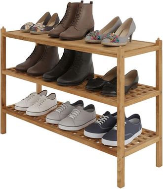 Relaxdays Relaxdays shoe rack, walnut wood, holds 9 pairs, 3 tiers, HxWxD: 46 x 69 x 26 cm, stackable, natural