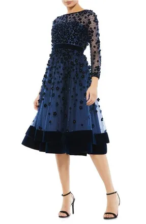 Mac Duggal Embellished Illusion High Neck Long Sleeve Fit & Flare in Midnight at Nordstrom, Size 10
