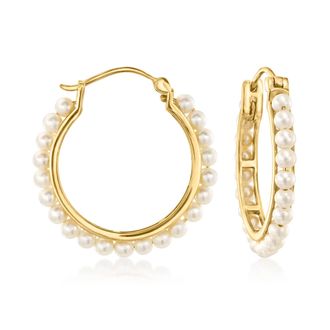 Ross-Simons 3-3.5mm Cultured Pearl Hoop Earrings in 18kt Gold Over Sterling