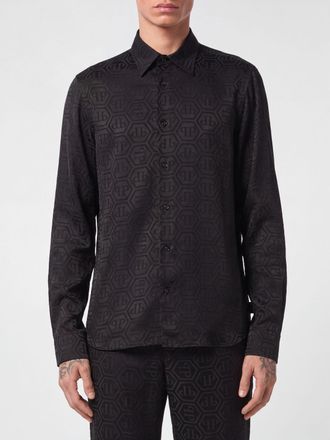 Philipp Plein Camicia in seta con stampa monogram all-over e logo Hexagon