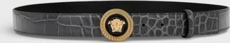 Versace Mens Medusa Croc-Effect Belt Black Grey Gold - Size: 105CM