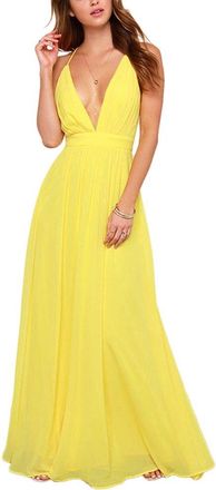 Yonglan Womens Boho Sling Beach Dress Deep V Neck Backless Sleeveless Party Evening Long Maxi Dresses Yellow XL