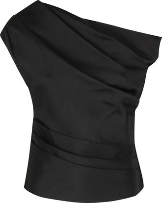 Self Portrait Black Asymmetrical Draped One-Shoulder Taffeta Top