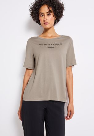 Street One T-Shirt STREET ONE, Damen, Gr. 34, beige (morning beige), Jersey, Obermaterial: 50% Baumwolle, 50% Modal, bedruckt, regular fit taillenbedeckt, U-Boot