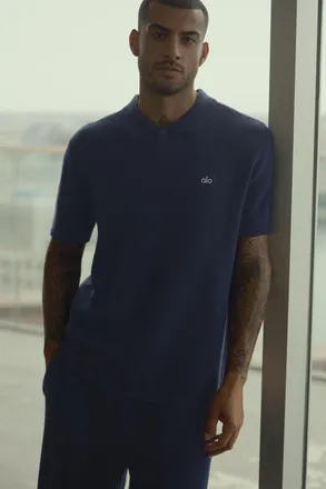 Alo | Sports Club Sweater Knit Polo Top in Navy Blue, Size: Medium