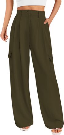 SHEKINI Wide Leg Trousers for Women UK High Waisted Cargo Pants Baggy Casual Work Business Palazzo Trousers with 4 Pockets Green