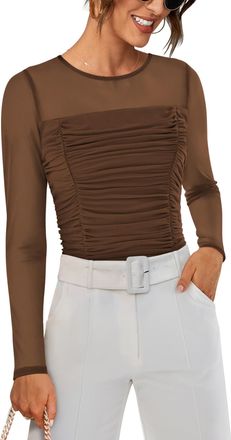 Grace Karin Ladies Basic Long Sleeves Tops Sheer Mesh Skim Tops Slim Fit Crew Neck Ruched Top Brown XL